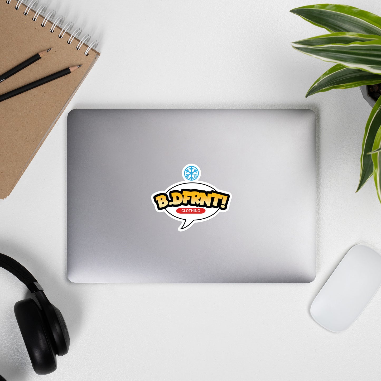 Laptop with B.DFRNT! Pop Sticker from B.Different Clothing, graffiti-inspired streetwear