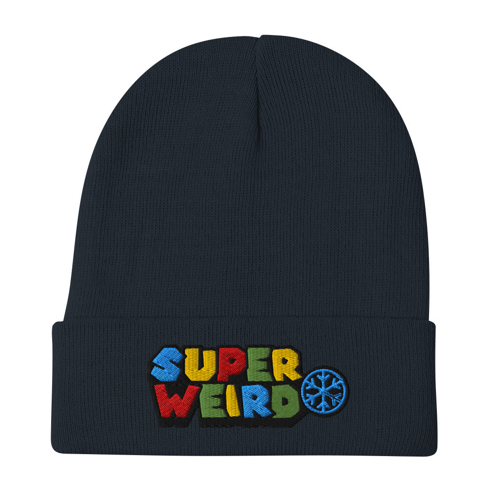Navy-Super Weird Beanie Hat from B.Different Clothing, flat view, graffiti-inspired streetwear