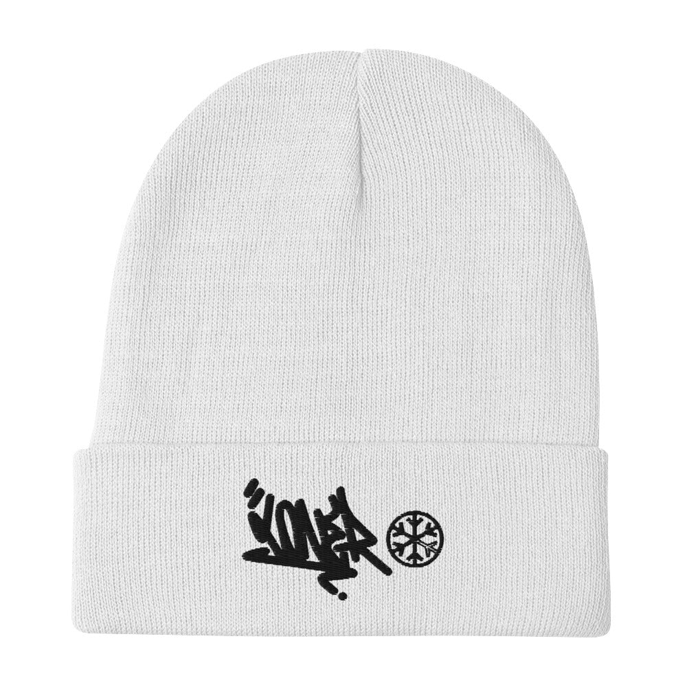 White-Loner Graffiti Tag Beanie from B.Different Clothing, flat view, graffiti-inspired streetwear