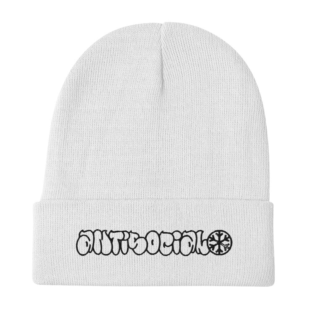 White-Antisocial Graffiti Hollow Beanie Hat from B.Different Clothing, flat view, graffiti-inspired streetwear