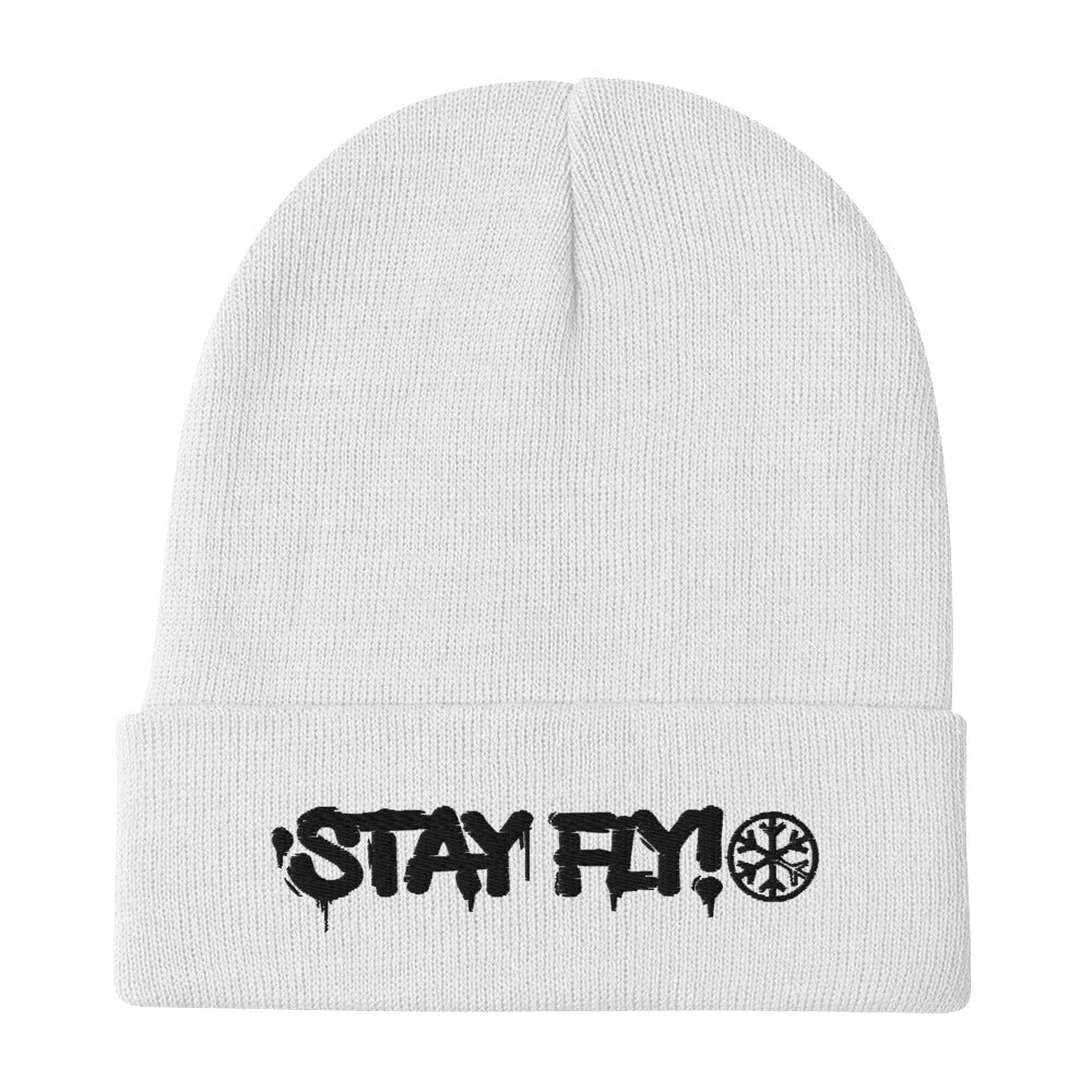 White-Stay Fly Graffiti Tag Beanie Hat from B.Different Clothing, flat view, graffiti-inspired streetwear
