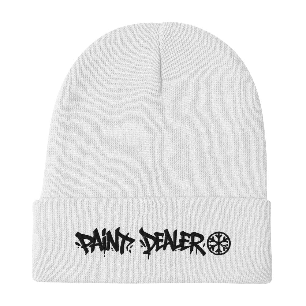 White-Paint Dealer Graffiti Tag Beanie Hat from B.Different Clothing, flat view, graffiti-inspired streetwear