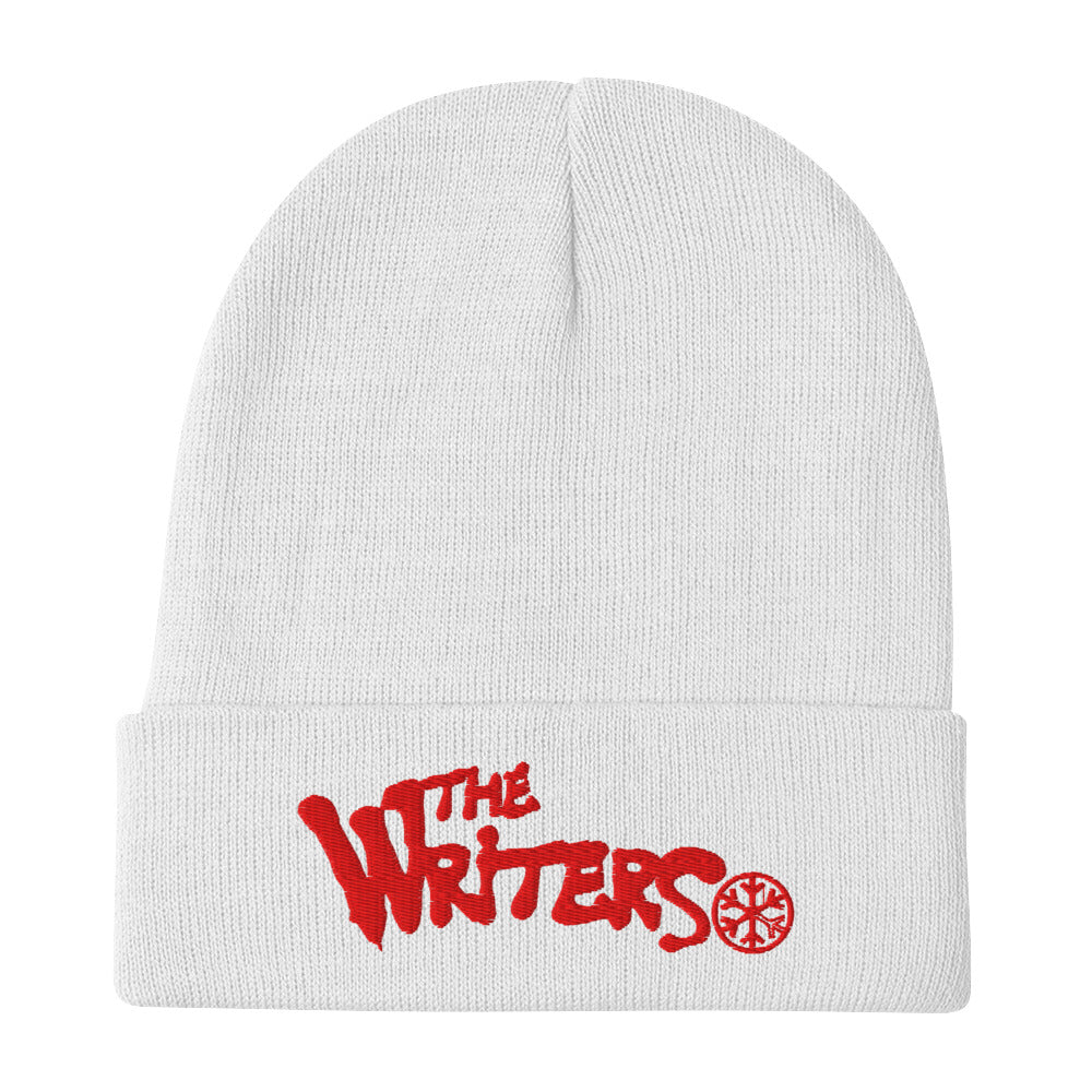 White-The Writers Graffiti Lettering Beanie Hat from B.Different Clothing, flat view, graffiti-inspired streetwear
