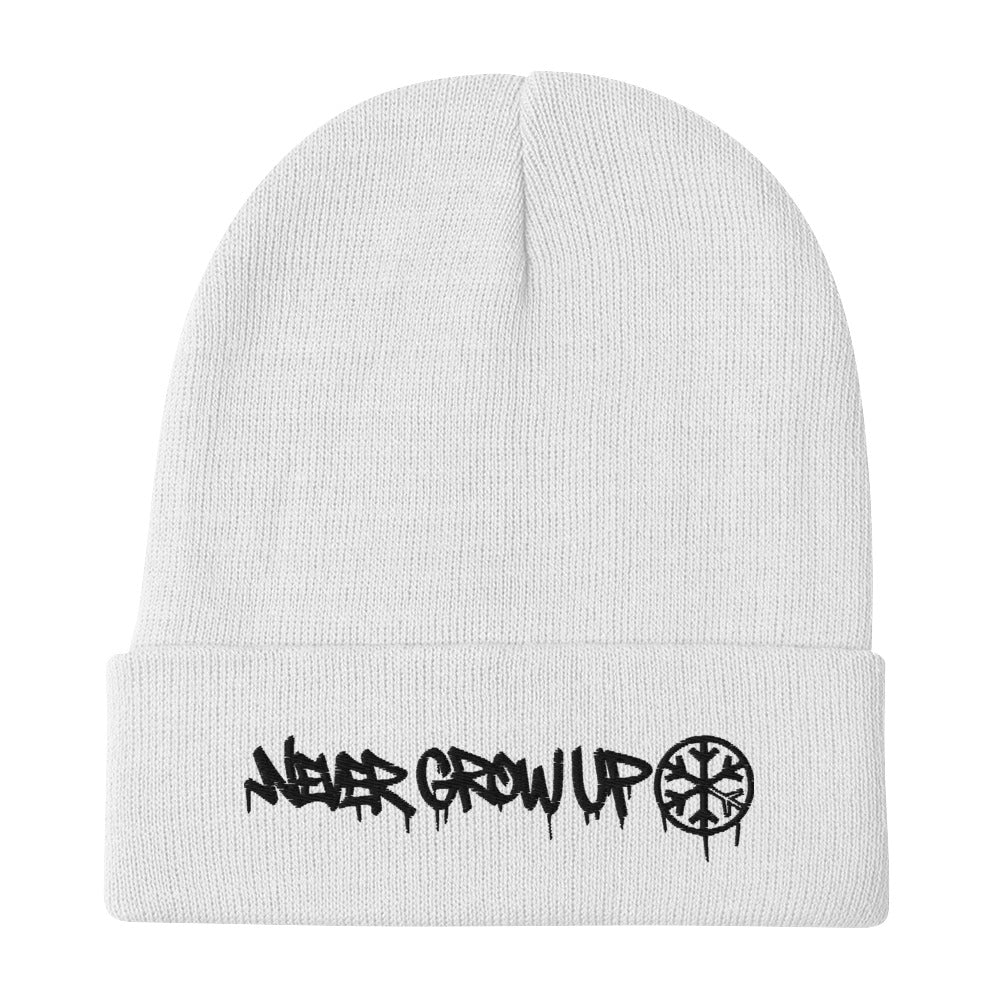 White-Never Grow Up Graffiti Beanie Hat from B.Different Clothing, flat view, graffiti-inspired streetwear