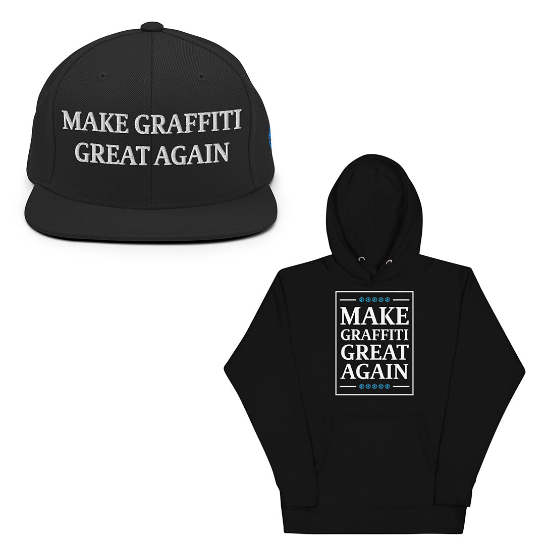 Black-Make Graffiti Great Again Bundle snapback hat and hoodie from B.Different Clothing, front view, graffiti-inspired streetwear