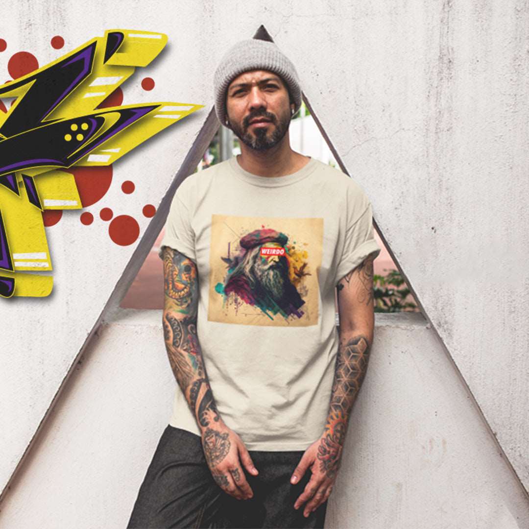 man wearing t-shirt Leonardo tee beige by B.Different Clothing independent streetwear brand inspired by street art graffiti