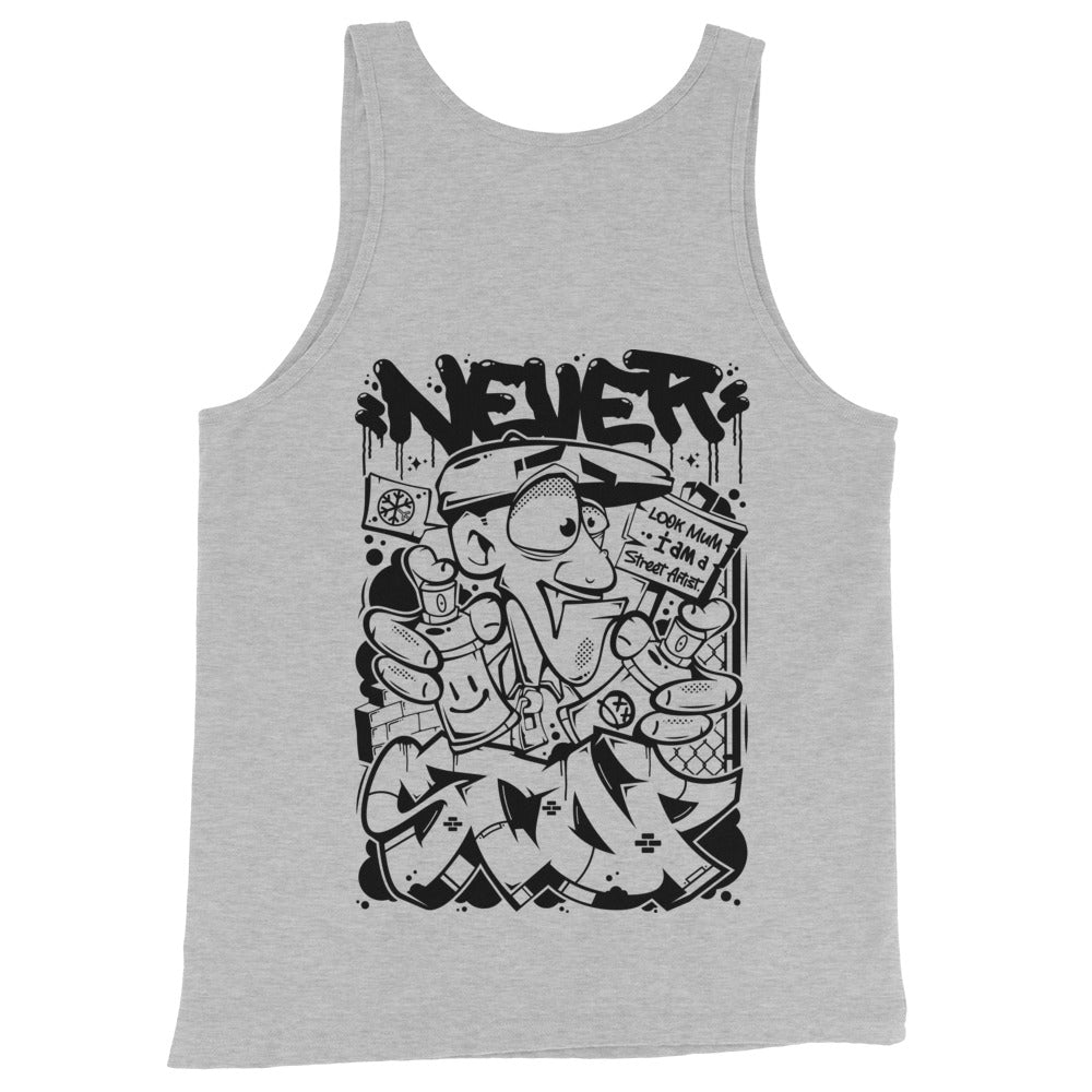 Gray-Never Stop Graffiti Character Tank Top from B.Different Clothing, front view, graffiti-inspired streetwear