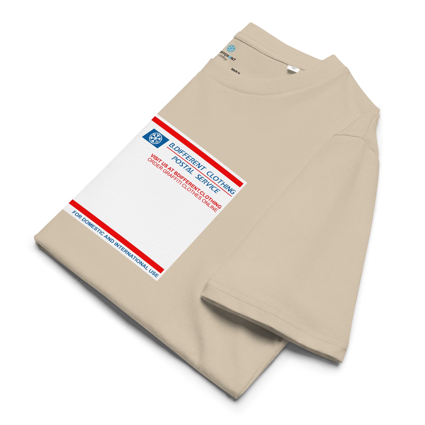 Beige-Priority Mail Sticker Graffiti Tee from B.Different Clothing, folded, graffiti-inspired streetwear t-shirt