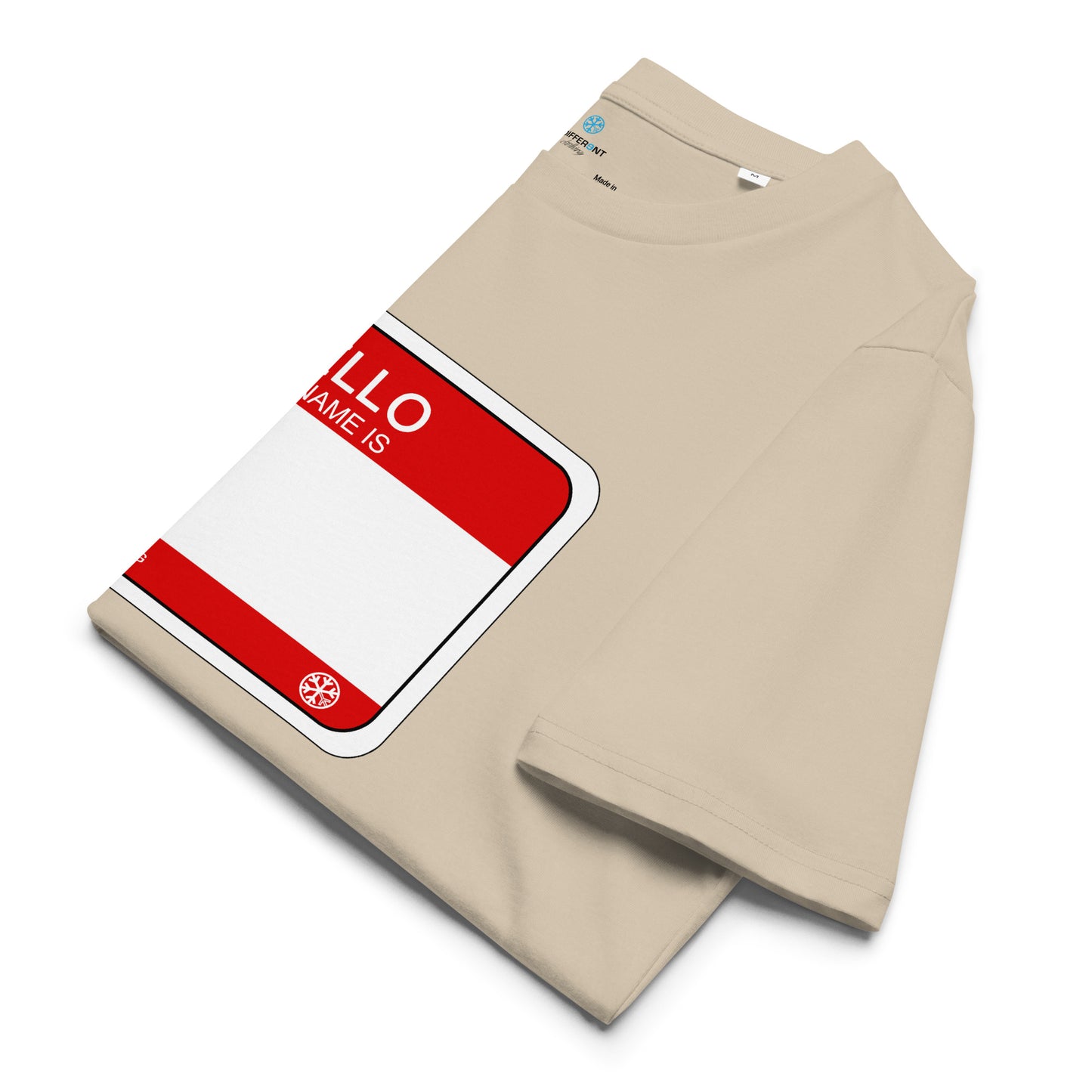 Beige-Hello My Name Is Sticker Graffiti Tee from B.Different Clothing, folded, graffiti-inspired streetwear t-shirt