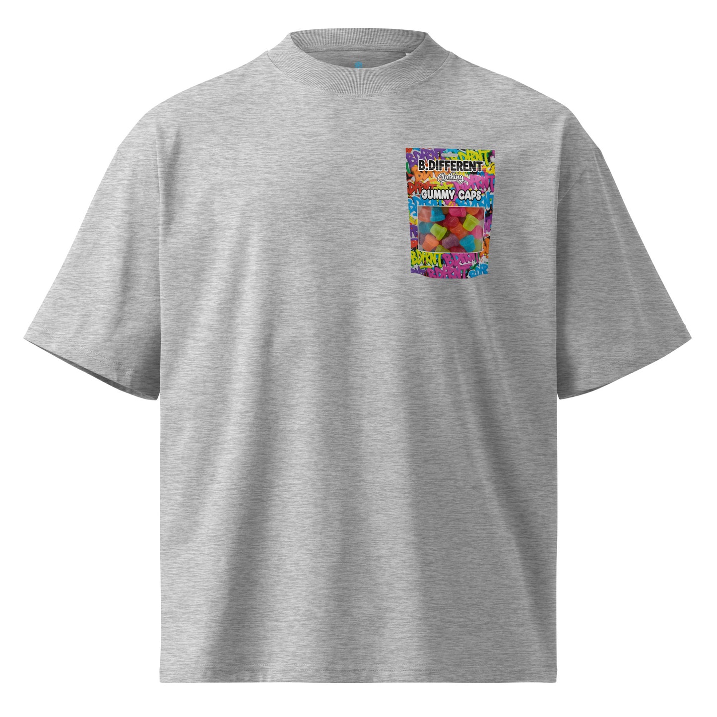 Gray-Gummy Caps Graffiti Tee from B.Different Clothing, front view, graffiti-inspired streetwear, oversized heavyweight t-shirt