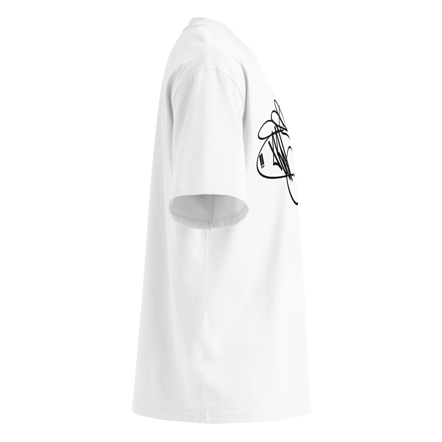 White-Misfit Tag Tee by Graffiti Dad from B.Different Clothing, left view, graffiti-inspired streetwear, oversized heavyweight t-shirt