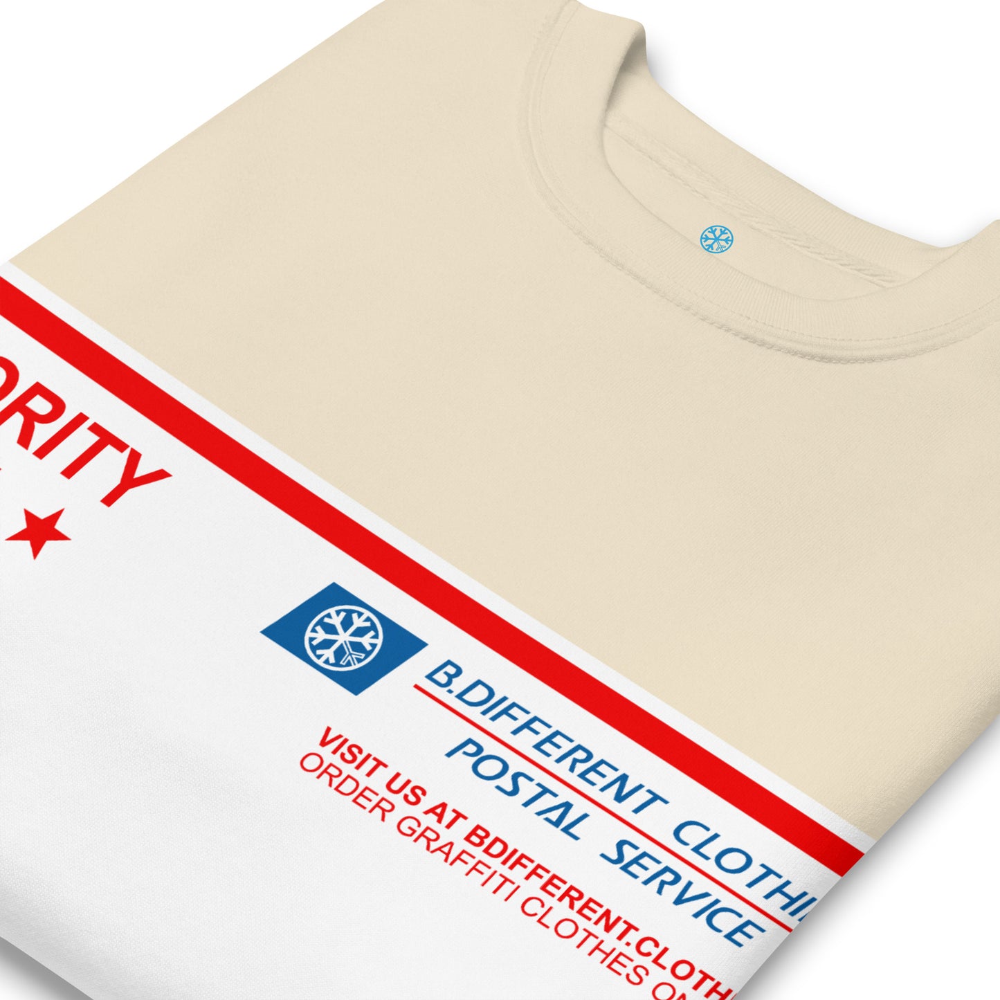 Beige-Priority Mail Graffiti Sweatshirt from B.Different Clothing, detail, graffiti-inspired streetwear