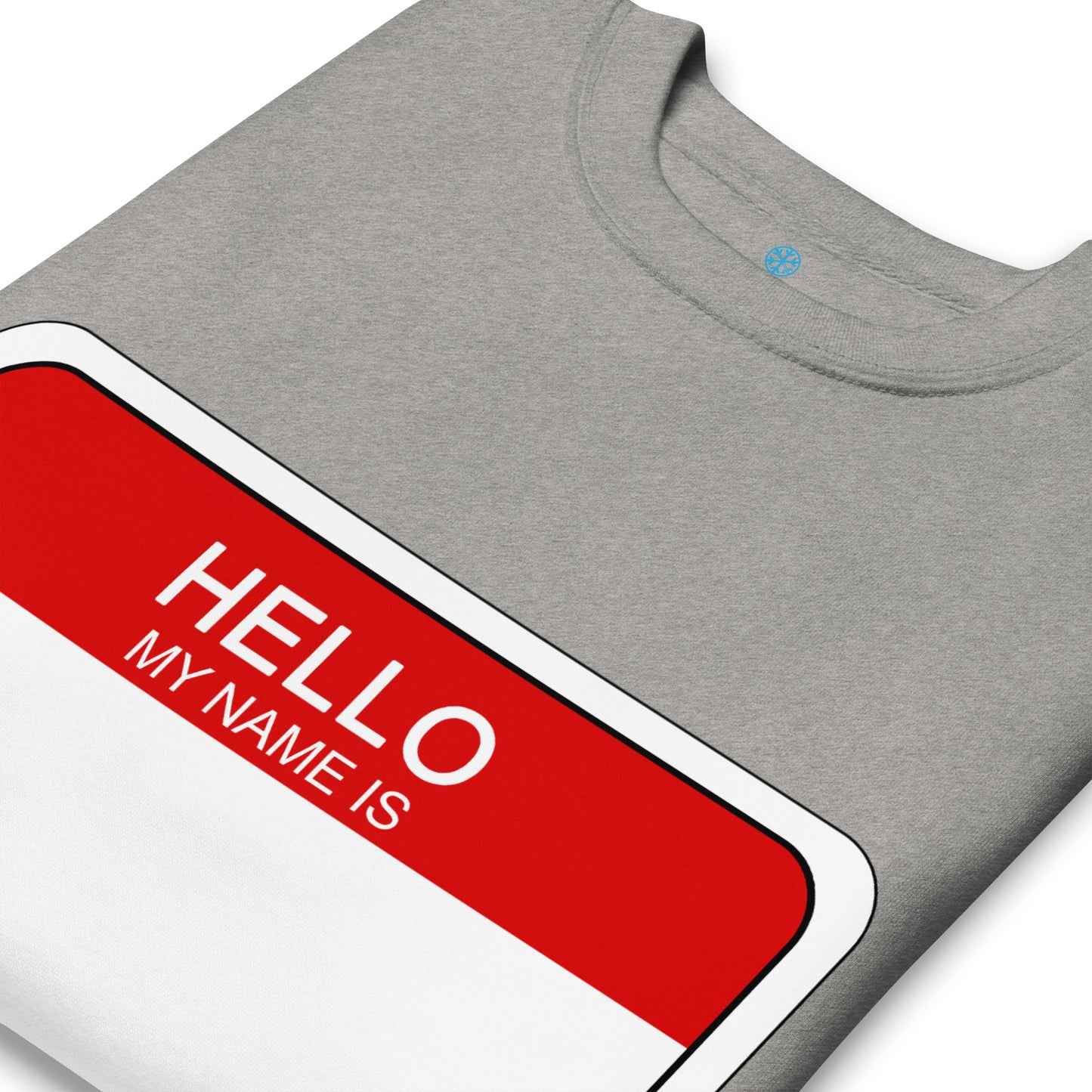 Gray-Hello My Name Is Sticker Graffiti Sweatshirt from B.Different Clothing, detail, graffiti-inspired streetwear