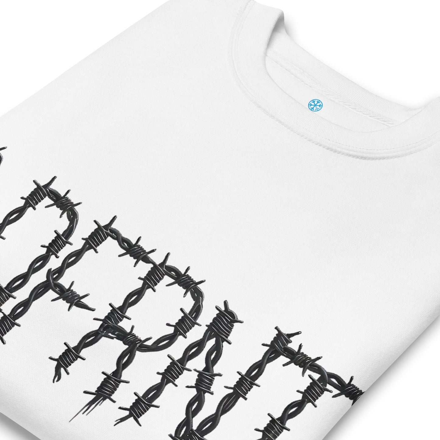 White-B.DFRNT Barbed Wire Sweatshirt from B.Different Clothing, detail, graffiti-inspired streetwear