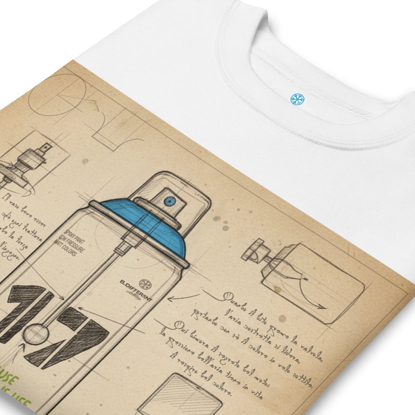 White-Spray Can Sketch Graffiti Sweatshirt from B.Different Clothing, detail, graffiti-inspired streetwear