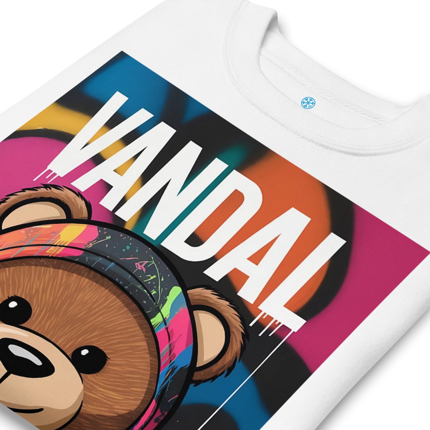 White-Vandal Teddy Bear Graffiti Sweatshirt from B.Different Clothing, detail, graffiti-inspired streetwear