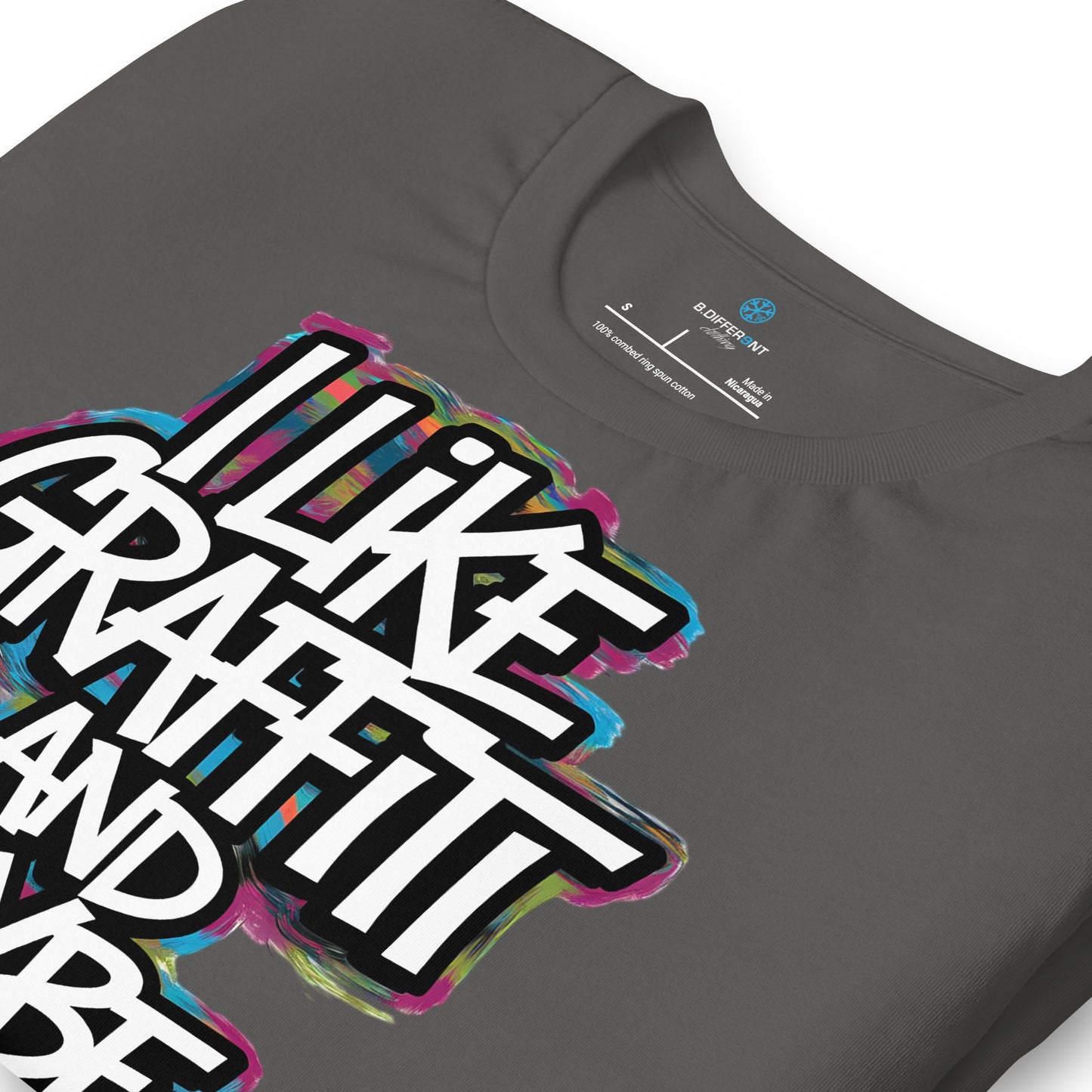 Gray-I Like Graffiti and Maybe 2 People Tee from B.Different Clothing, detail, graffiti-inspired streetwear t-shirt