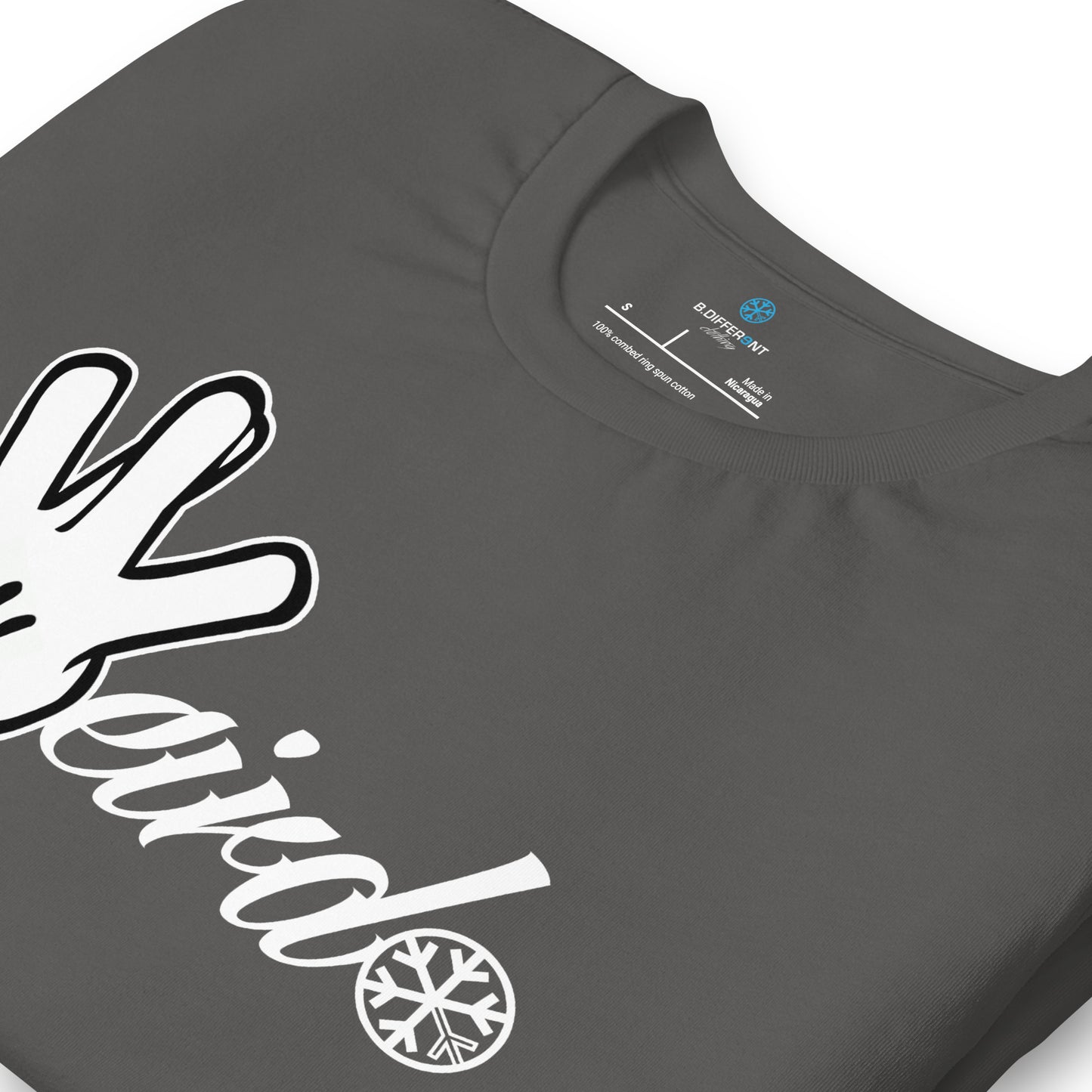 Gray-Weirdo Hand Sign Tee from B.Different Clothing, detail, graffiti-inspired streetwear t-shirt