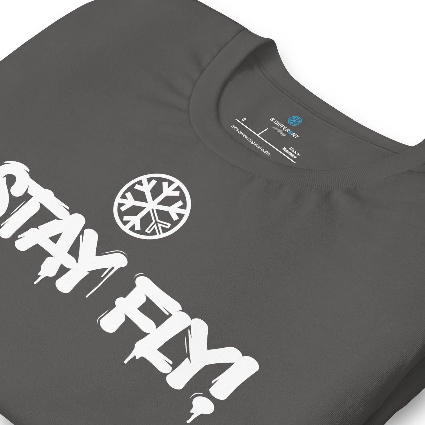 Gray-Stay Fly Graffiti Tag Tee from B.Different Clothing, detail, graffiti-inspired streetwear t-shirt