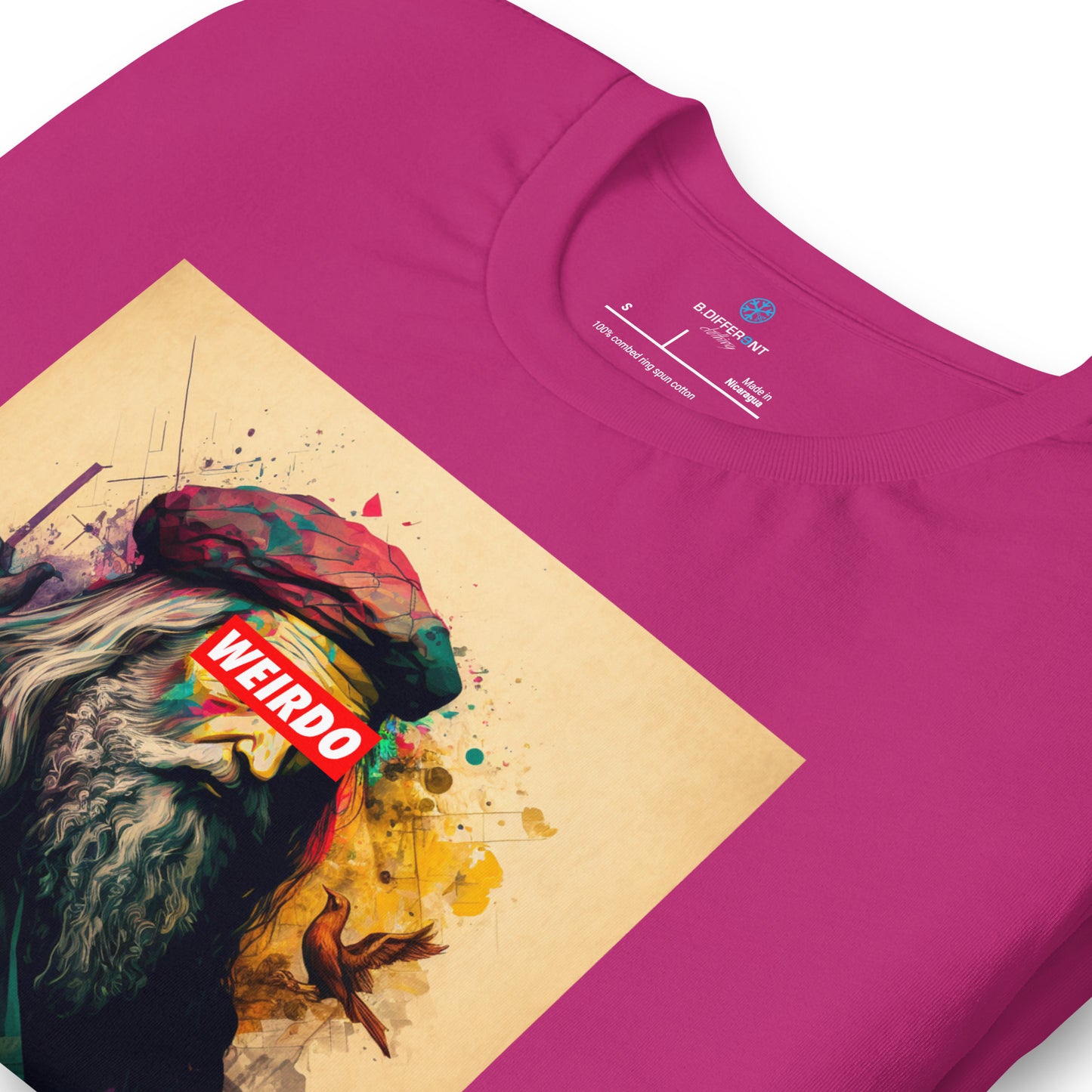 Berry-Leonardo da Vinci Tee from B.Different Clothing, detail, graffiti-inspired streetwear t-shirt