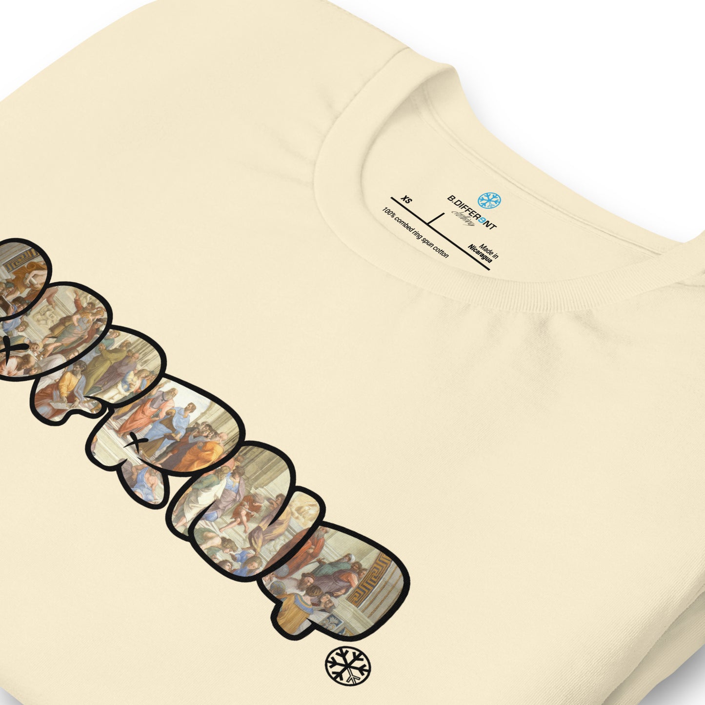 Beige-BDFRNT Throwie x School of Athens Graffiti Tee from B.Different Clothing, detail, graffiti-inspired streetwear t-shirt