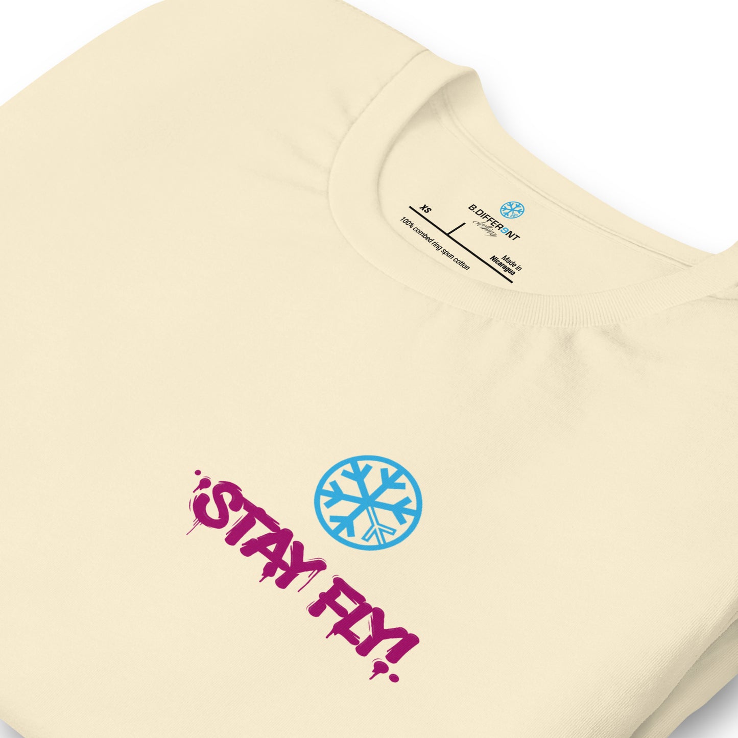 Beige-Stay Fly Graffiti Character Tee from B.Different Clothing, detail, graffiti-inspired streetwear t-shirt