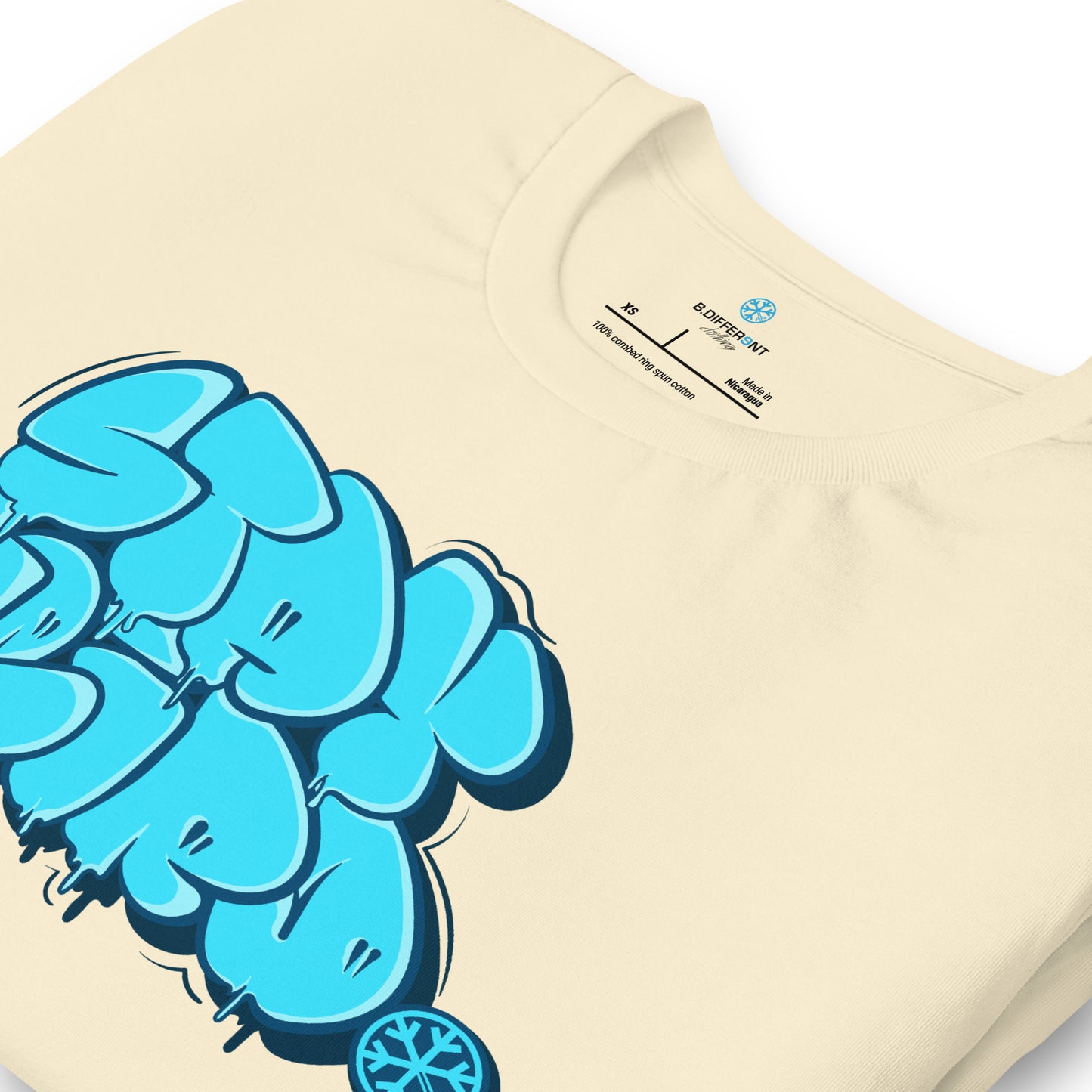 Beige-Stay Weird Graffiti Throw-up Tee from B.Different Clothing, detail, graffiti-inspired streetwear t-shirt