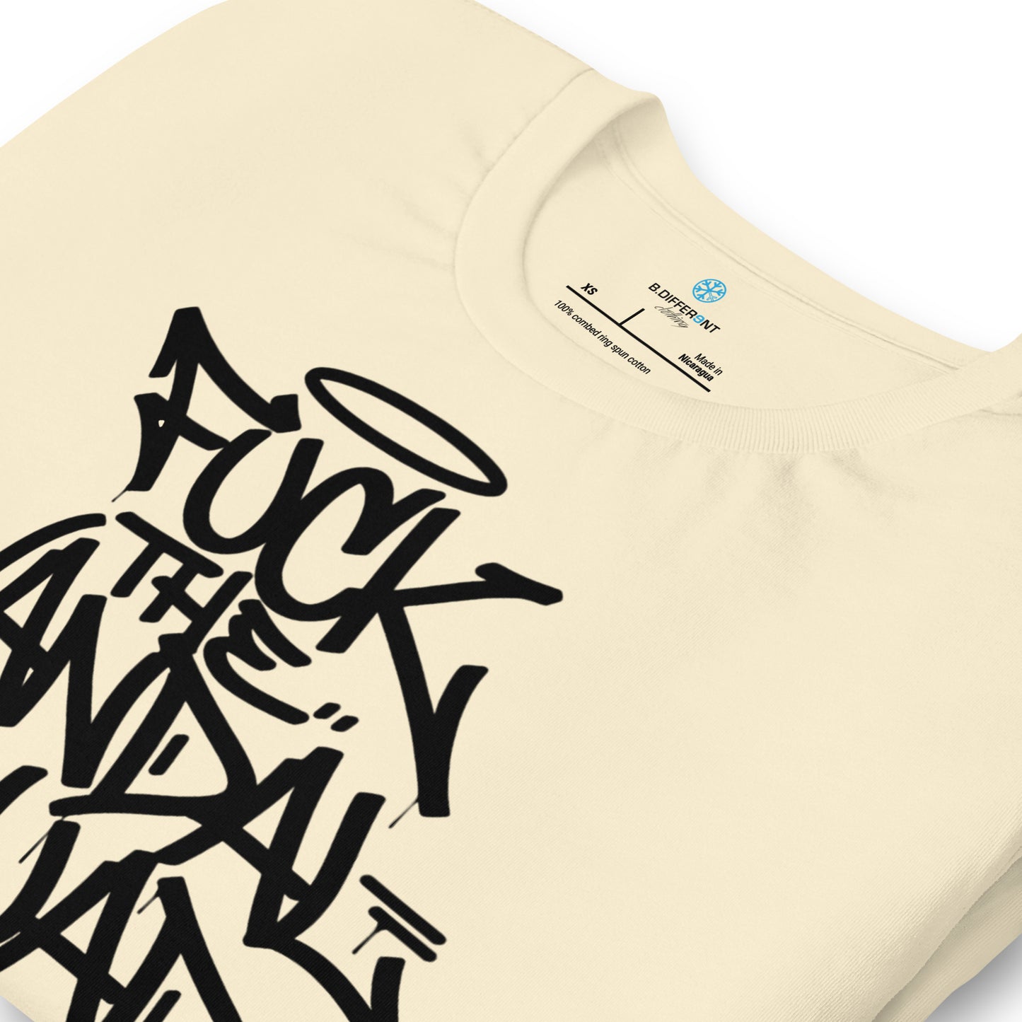 Beige-Fuck The Vandal Squad Graffiti Tee from B.Different Clothing, detail, graffiti-inspired streetwear t-shirt