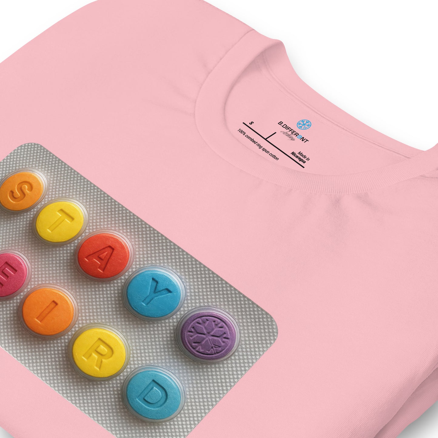 Pink-Stay Weird Pills Tee from B.Different Clothing, detail, graffiti-inspired streetwear t-shirt