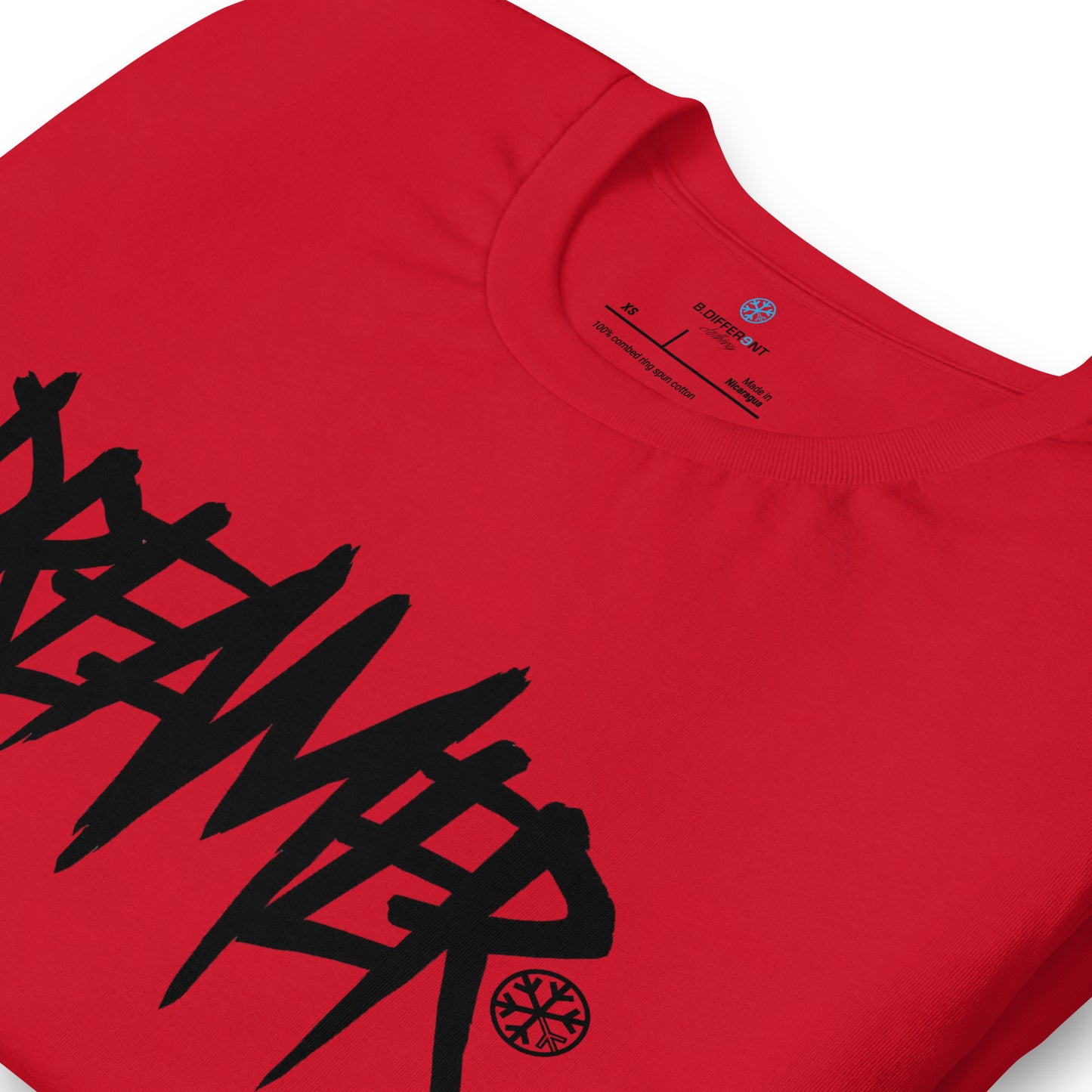 Red-Dreamer Graffiti Tag Tee from B.Different Clothing, detail, graffiti-inspired streetwear t-shirt