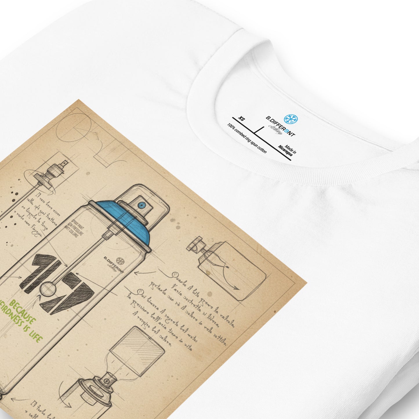 White-Spray Can Sketch Graffiti Tee from B.Different Clothing, detail, graffiti-inspired streetwear t-shirt