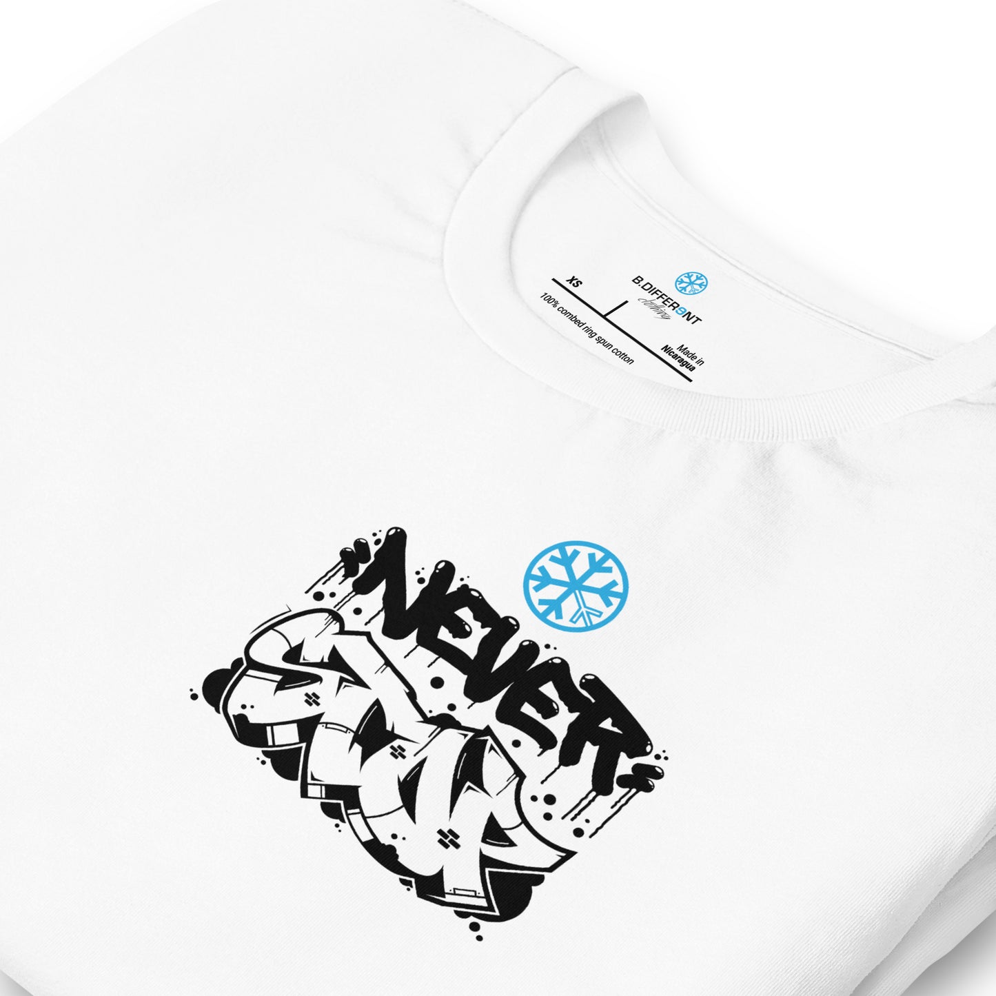 White-Never Stop Graffiti Character Tee from B.Different Clothing, detail, graffiti-inspired streetwear t-shirt