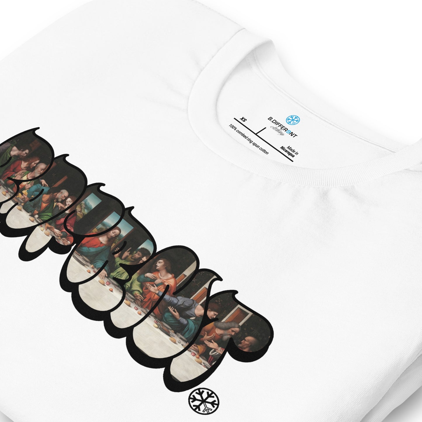 White-BDFRNT Throwie x Last Supper Graffiti Tee from B.Different Clothing, detail, graffiti-inspired streetwear t-shirt