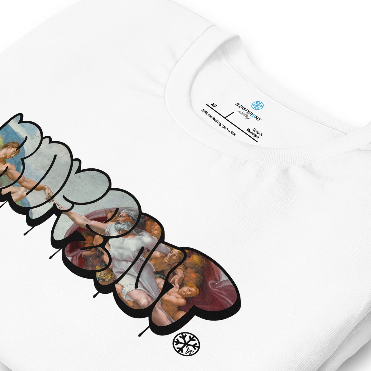 White-BDFRNT Throwie x Creation of Adam Graffiti Tee from B.Different Clothing, detail, graffiti-inspired streetwear t-shirt