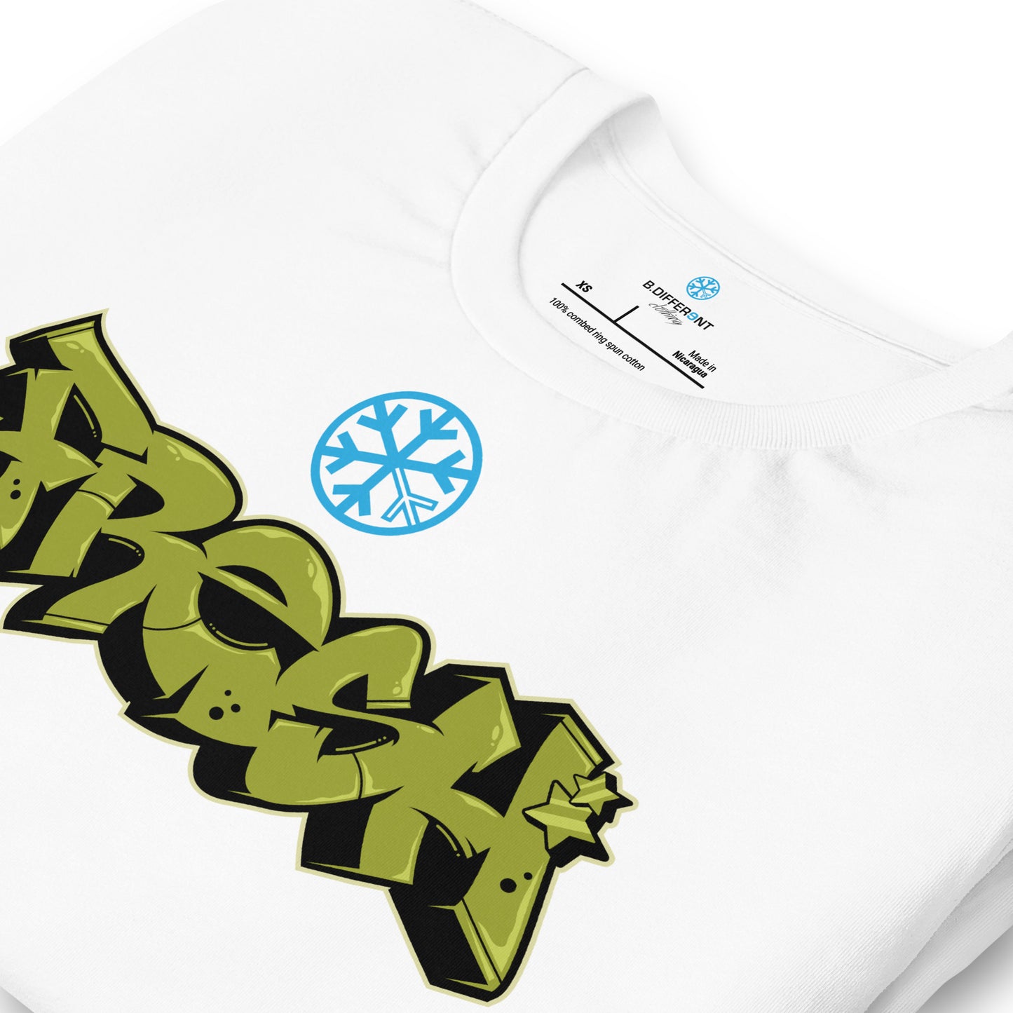 White-Fresh Graffiti Piece Tee from B.Different Clothing, detail, graffiti-inspired streetwear t-shirt