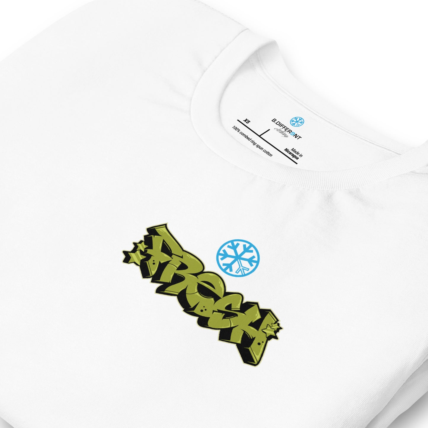 White-Fresh Graffiti Character Tee from B.Different Clothing, detail, graffiti-inspired streetwear t-shirt