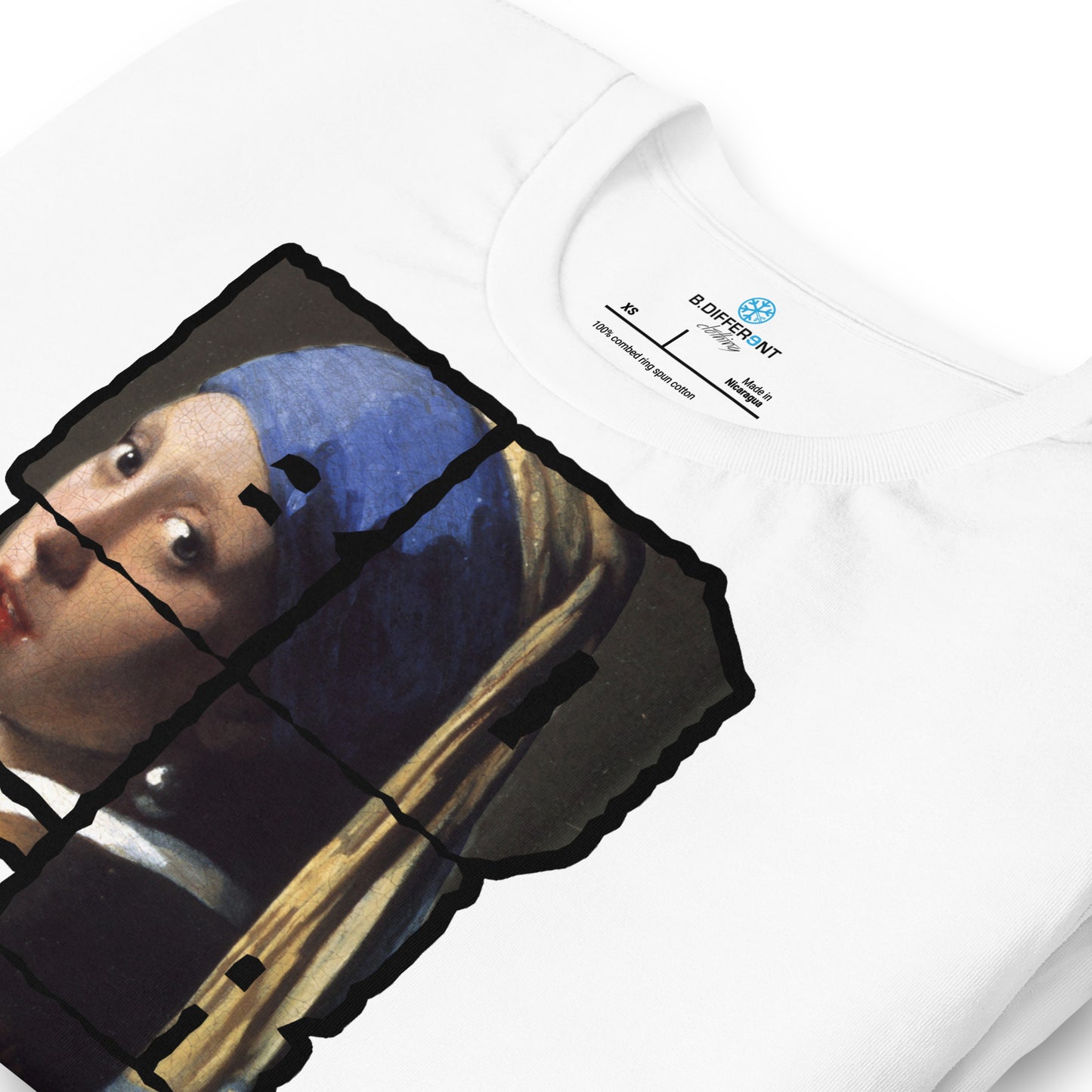 White-BDFRNT Blockbuster x Girl With Pearl Earring Tee from B.Different Clothing, zoomed-in view, graffiti-inspired streetwear