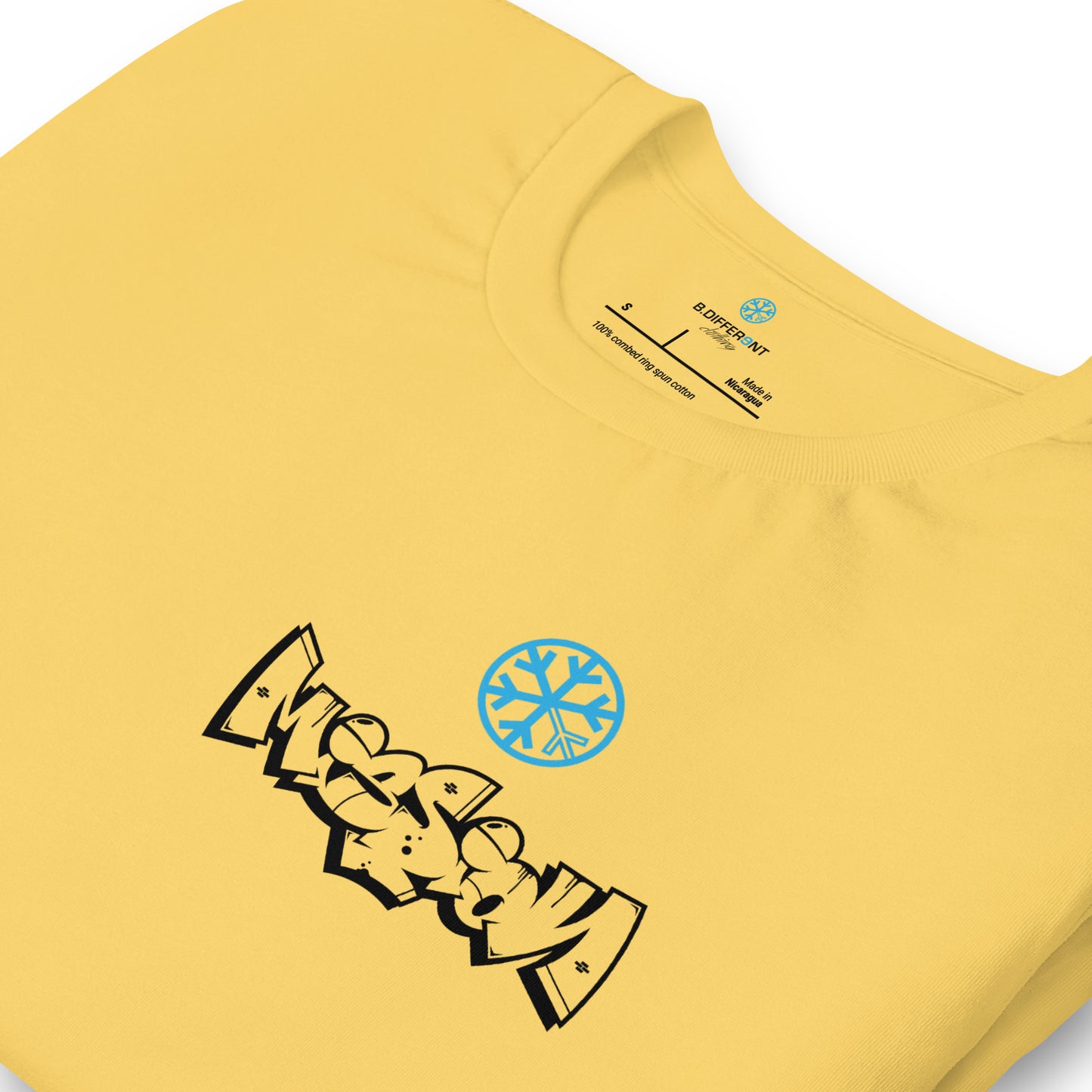 Yellow-Mission Graffiti Character Tee from B.Different Clothing, detail, graffiti-inspired streetwear t-shirt