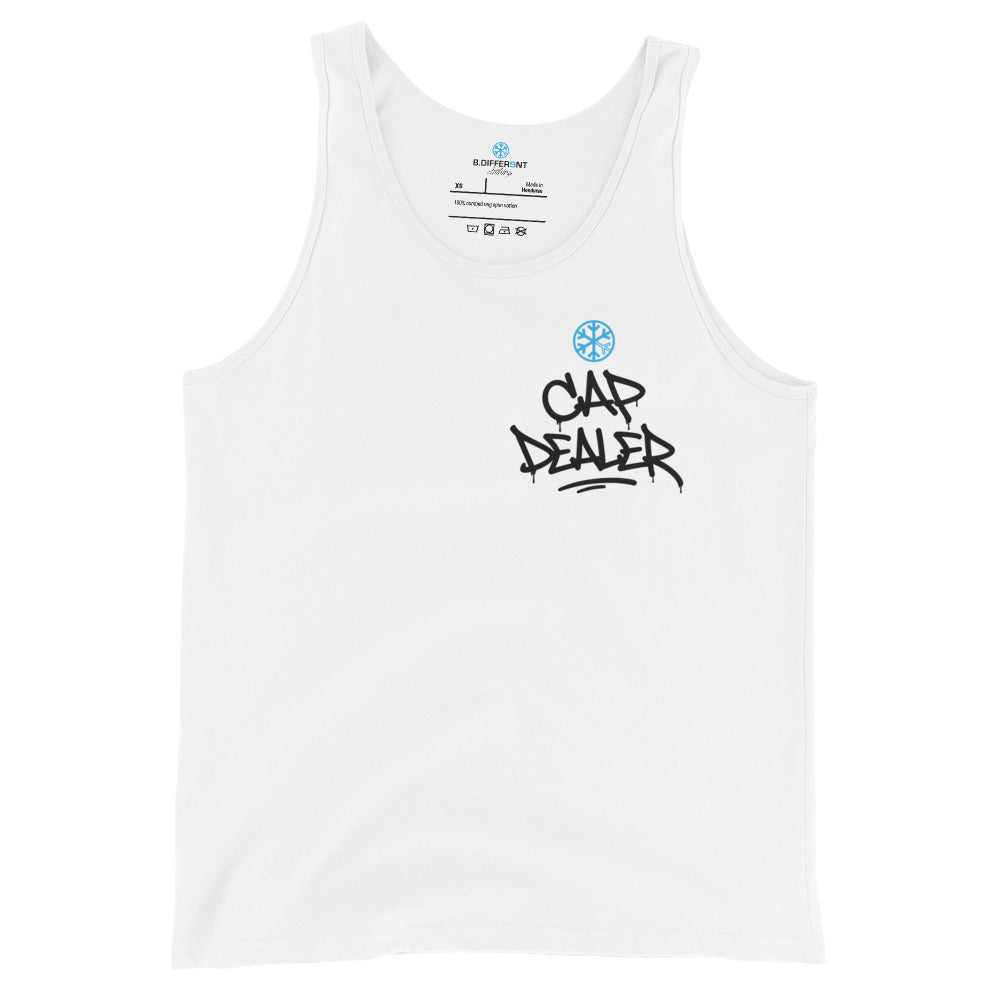 White-Cap Dealer Graffiti Tank Top from B.Different Clothing, front view, graffiti-inspired streetwear