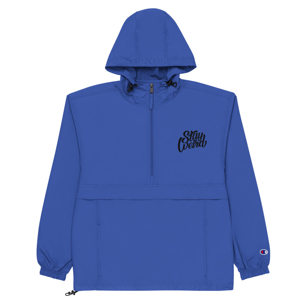 flat Stay Weird packable rain jacket blue by B.Different Clothing independent streetwear inspired by street art graffiti
