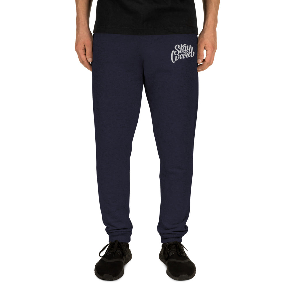 man with navy joggers stay weird by B.Different Clothing independent streetwear inspired by street art graffiti