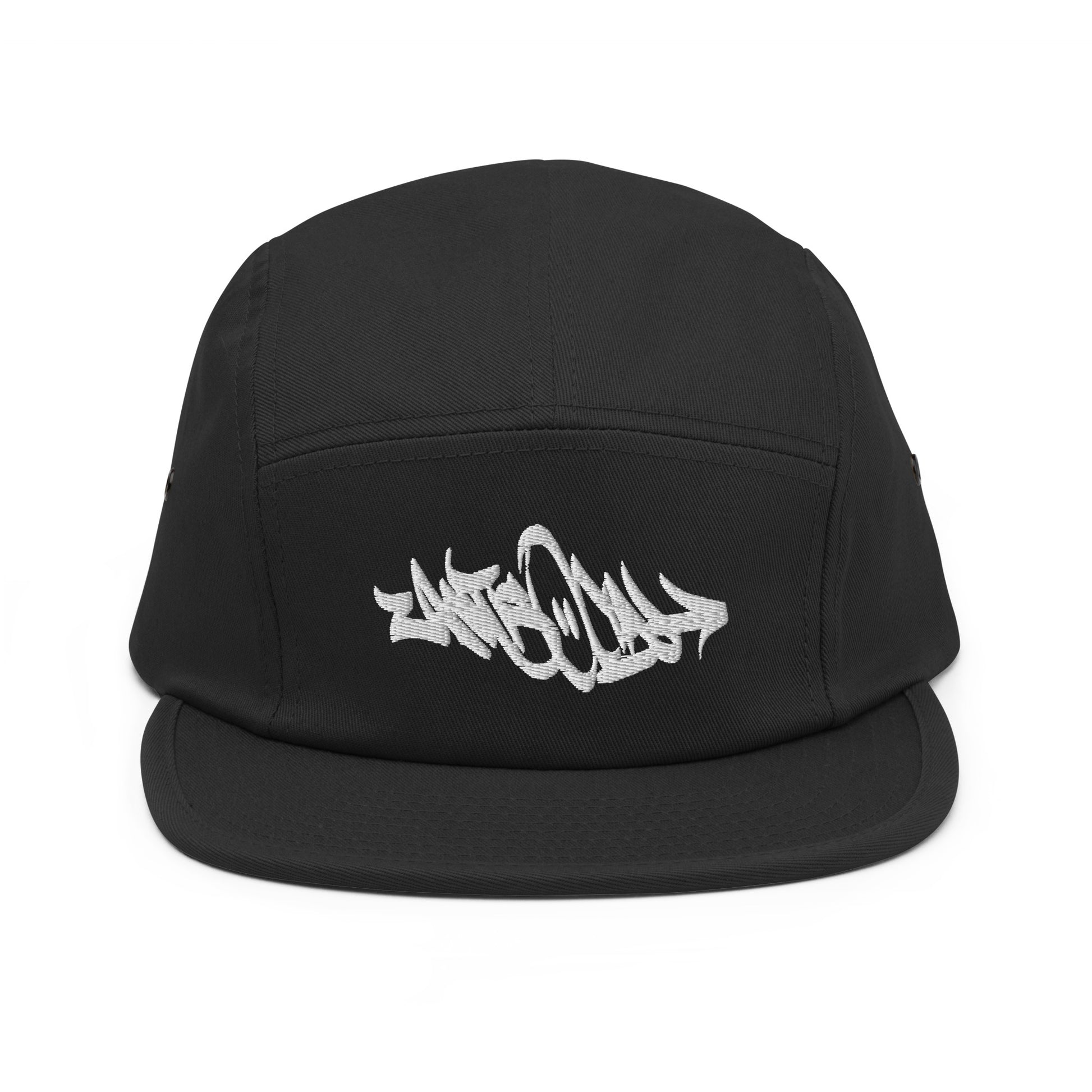 Black-Antisocial Graffiti Tag 5-Panel Snapback Hat from B.Different Clothing, front view, graffiti-inspired streetwear