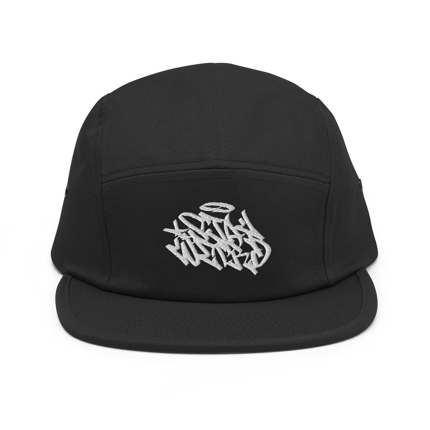 Black-Stay Weird Graffiti Tag 5-Panel Snapback Hat from B.Different Clothing, front view, graffiti-inspired streetwear