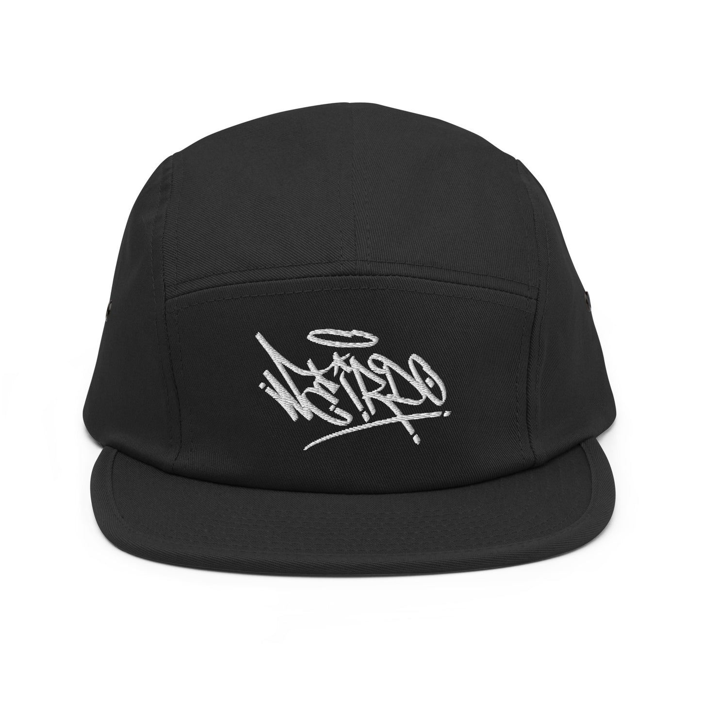 Black-Weirdo Graffiti Tag 5-panel Snapback Hat from B.Different Clothing, front view, graffiti-inspired streetwear