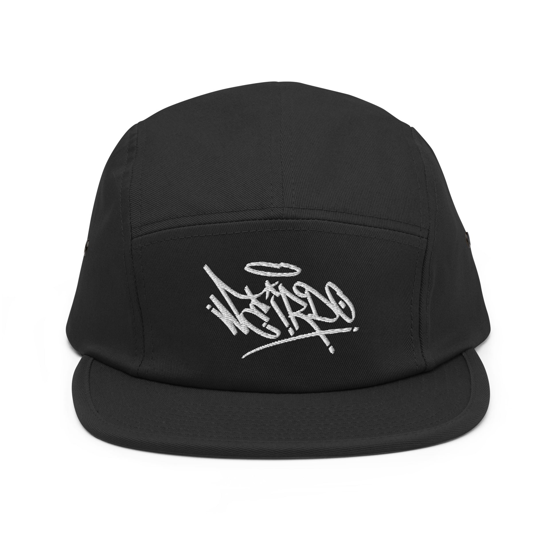 Black-Weirdo Graffiti Tag 5-panel Snapback Hat from B.Different Clothing, front view, graffiti-inspired streetwear