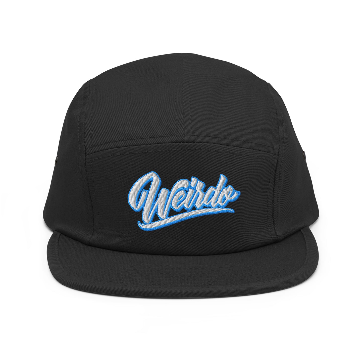 Black-Weirdo 5-panel Snapback Hat from B.Different Clothing, front view, graffiti-inspired streetwear