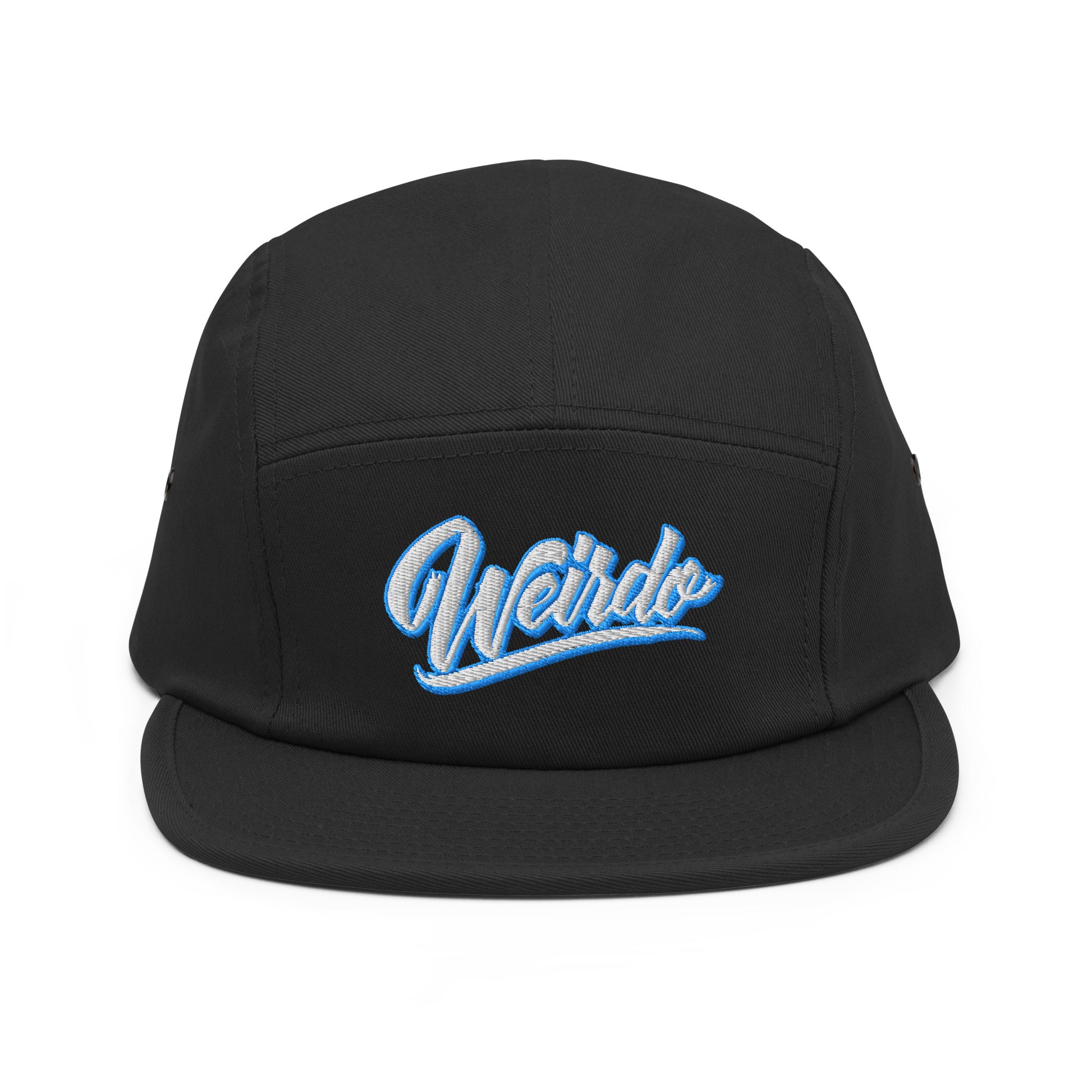 Black-Weirdo 5-panel Snapback Hat from B.Different Clothing, front view, graffiti-inspired streetwear