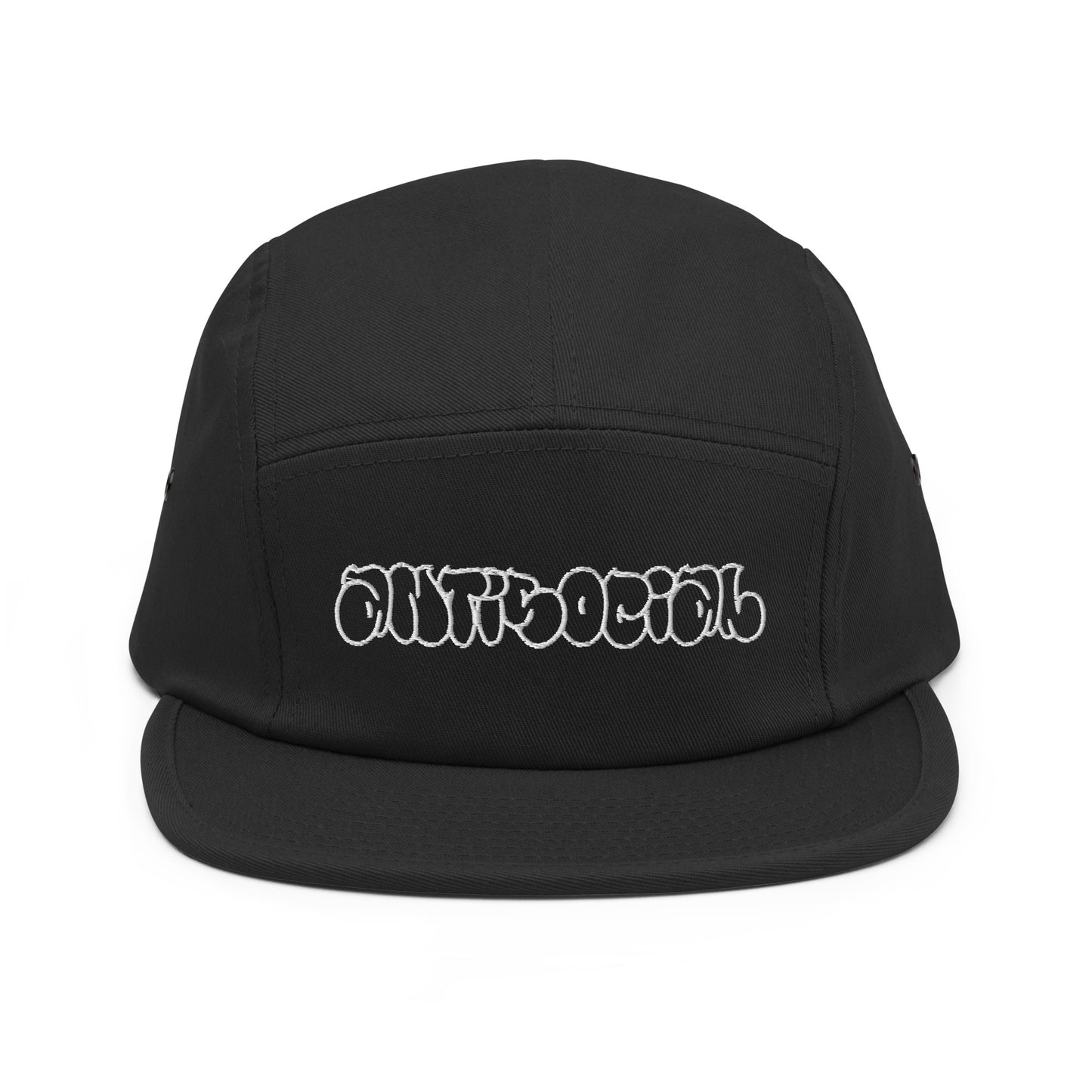 Black-Antisocial Graffiti Hollow 5-Panel Snapback Hat from B.Different Clothing, front view, graffiti-inspired streetwear