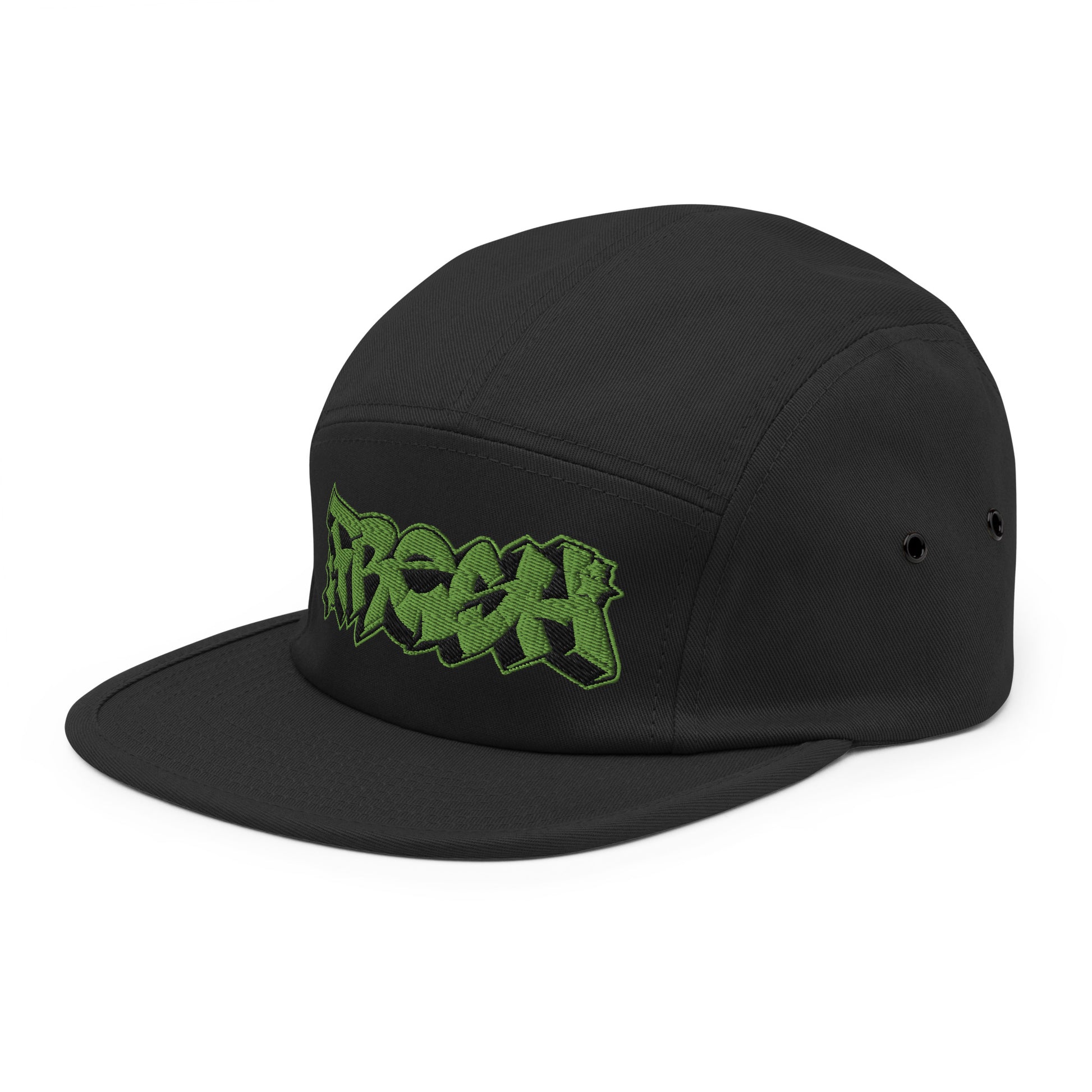 Black-Fresh Graffiti Piece 5-panel Snapback Hat from B.Different Clothing, 3/4 left view, graffiti-inspired streetwear