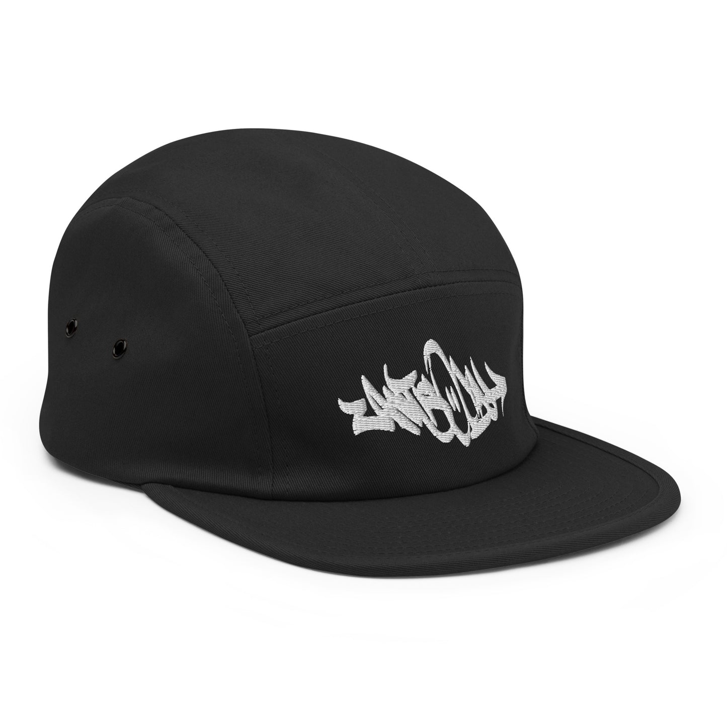 Black-Antisocial Graffiti Tag 5-Panel Snapback Hat from B.Different Clothing, 3/4 right view, graffiti-inspired streetwear